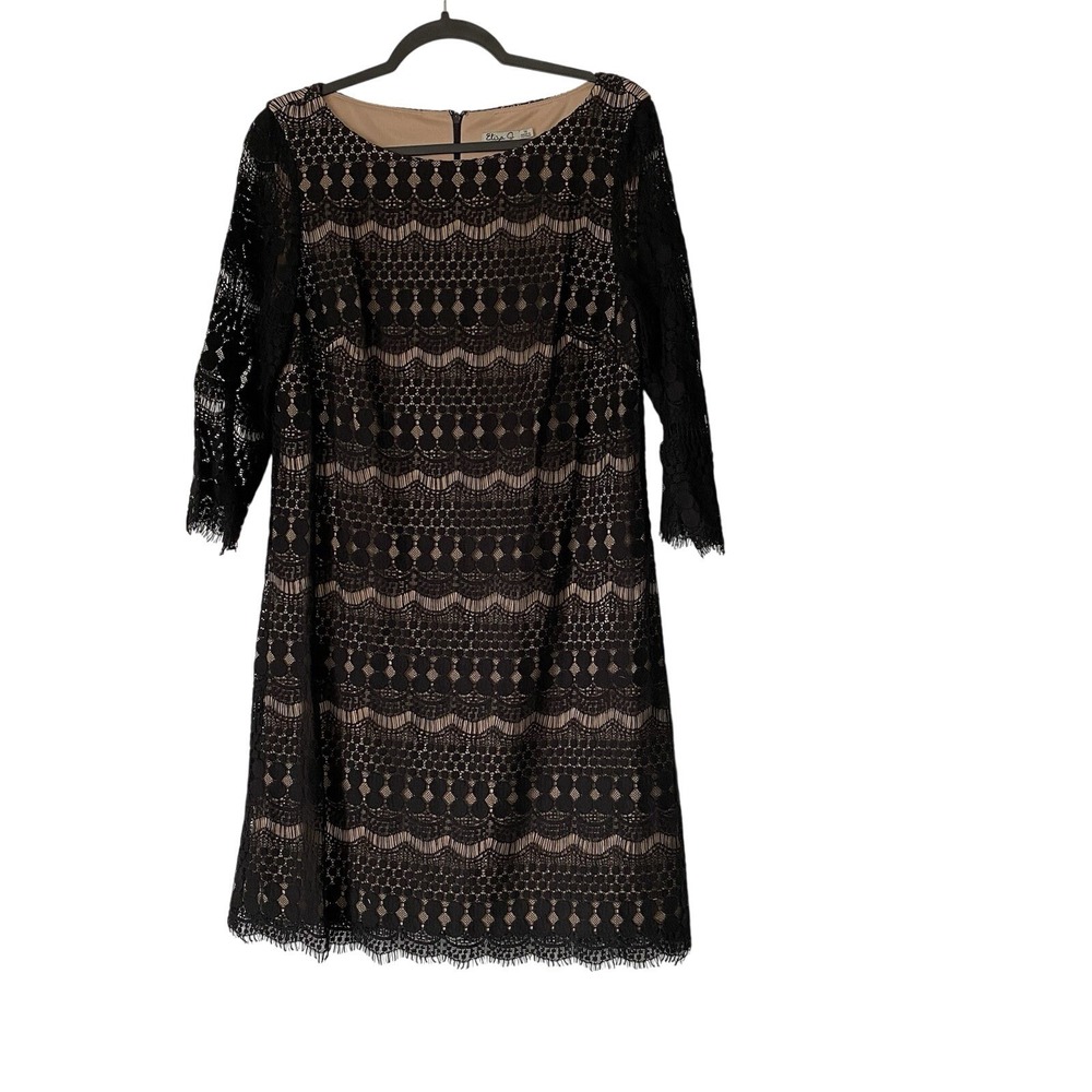Eliza J‎ Black Lace Overlay Dress Nude Lining 3/4 Sleeve Size 14 Cocktail
